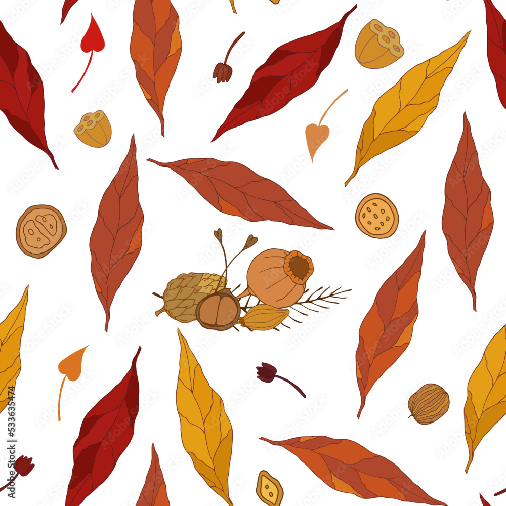 Obraz premium Autumn botanical seamless pattern of red and yellow dry leaves and berries. Hand drawn vector illustration of autumn view