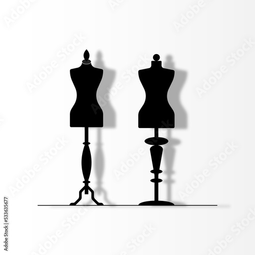 Vintage mannequin for female body. Manikin icon. Black empty torso dummy for woman and man  clothes, vector art image illustration, isolated on white background, silhouette design