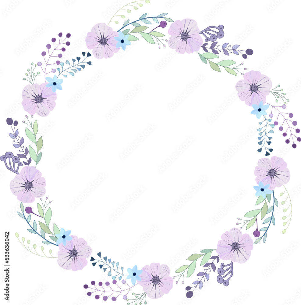 Vector pastel flowers wreath. Hand drawn floral elements background. For cards, invitations, save the date cards