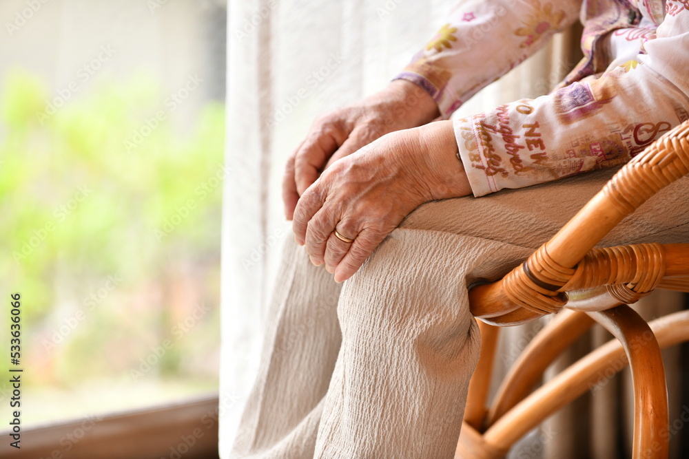 Obraz premium 縁側の籐椅子に座るシニア女性