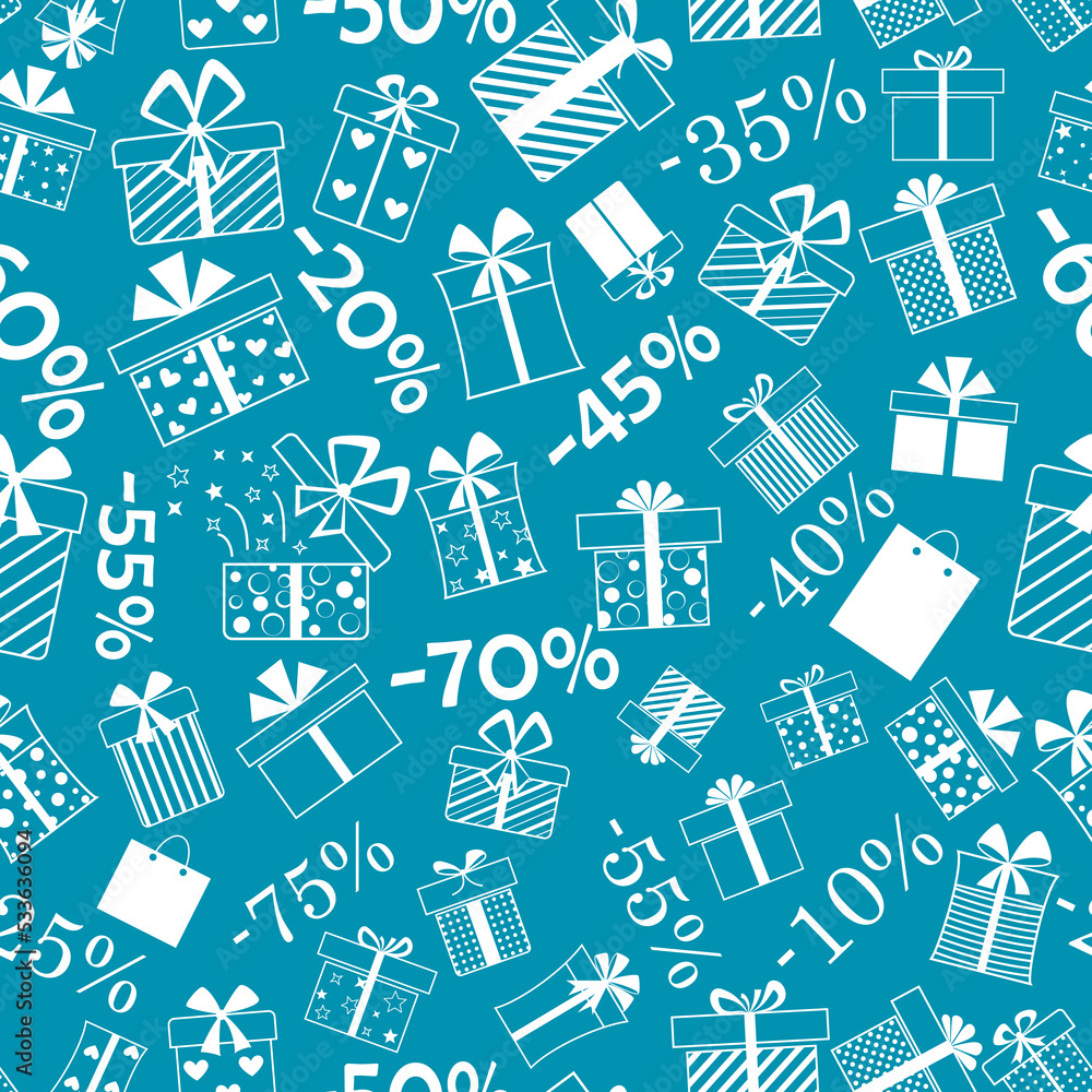 Seamless pattern of gift boxes with bows and different patterns, and discount percentages, white on blue background Seamless pattern of gift boxes with bows and different patterns, and discount percentages, white on blue background