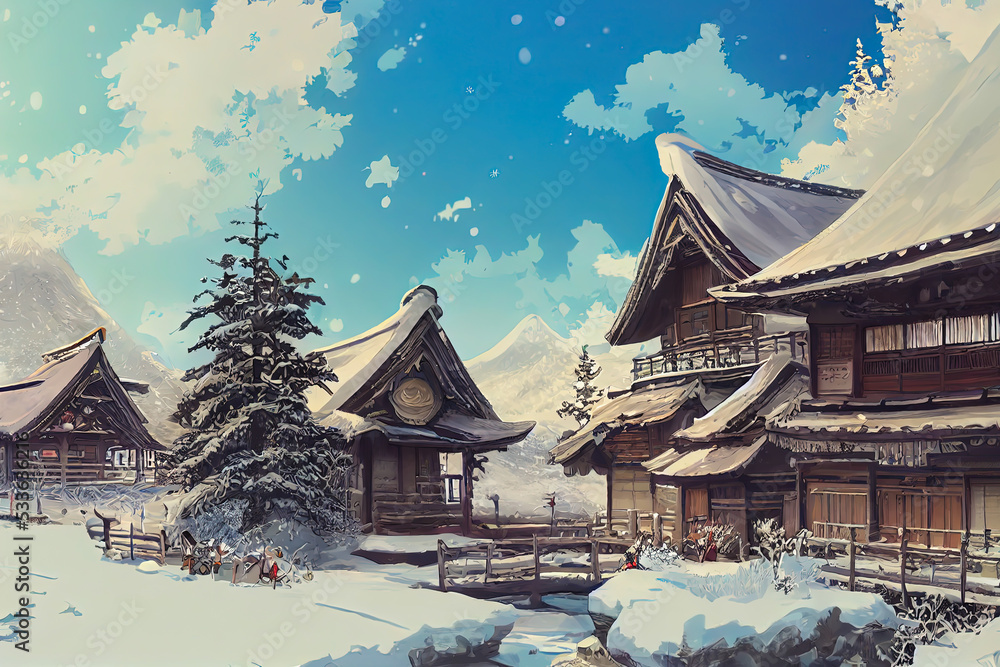 Historic and traditional Japanese houses in the winter. Snowy, daylight  landscape featuring Asian architecture in a digital art drawing. Cartoon  illustration style wallpaper background. generative ai Illustration Stock |  Adobe Stock