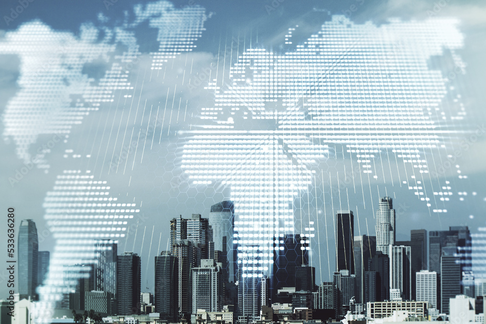 Double exposure of abstract digital world map on Los Angeles city skyscrapers background, research and strategy concept