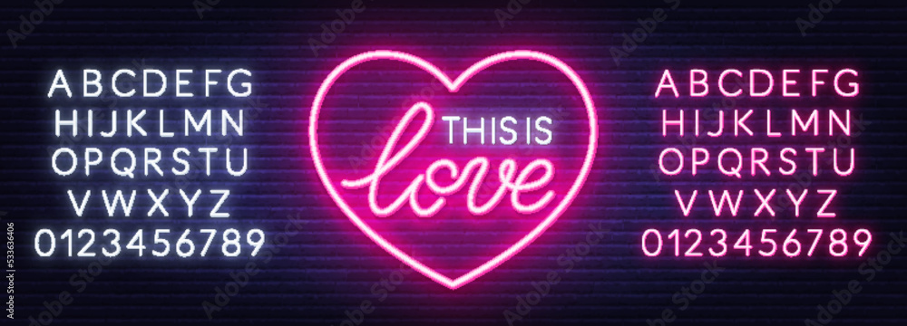 This is Love neon sign in heart shaped frame on brick wall background. This is Love neon sign in heart shaped frame on brick wall background.