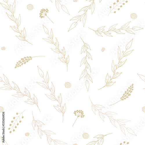 Botanical beige branches seamless pattern. Hand drawn vector minimalistic elegant pattern. Floral elements background. For cards, invitations, save the date cards