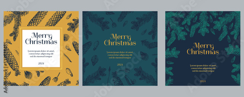 Ornate Merry Christmas greeting cards. Trendy square Winter Holidays art templates. Suitable for social media post, mobile apps, banner design and web, internet ads. Vector fashion background.