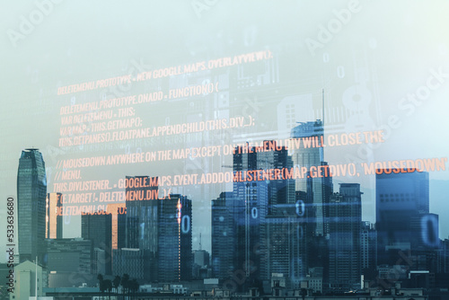 Double exposure of abstract programming language interface on Los Angeles city skyscrapers background, research and development concept