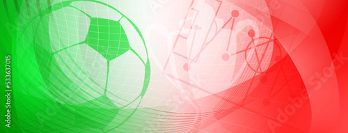 Abstract background on a football theme with big ball and other soccer symbols in national colors of Italy or Mexico
