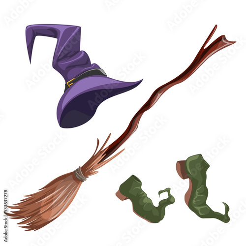 Vector image of a set of paraphernalia for a witch of three elements. Cartoon style. Concept. Isolated on white background. EPS 10