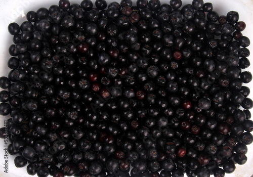 Background of fresh black chokeberry. Black aronia, black berry background