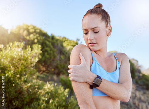 Sports woman, runner and shoulder pain from workout training or fitness cardio accident outdoor. Healthy injured girl athlete with running body injury exercise mistake need arm emergency medical help