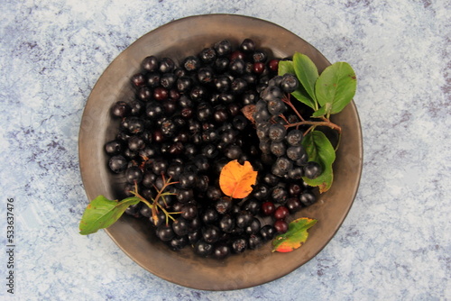 Fresh black chokeberries on a clay plate. Black Aronia