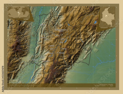 Cundinamarca, Colombia. Physical. Labelled points of cities photo