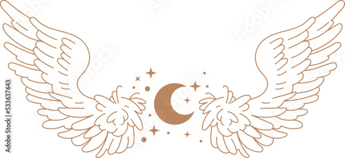 Wings with moon boho illustration