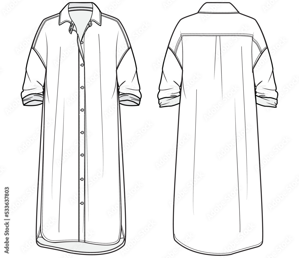 Shirt dress technical fashion illustration with classic regular collar  mini length oversized body button up Flat apparel template front back  white color Women men unisex CAD mockup Stock Vector Image  Art 
