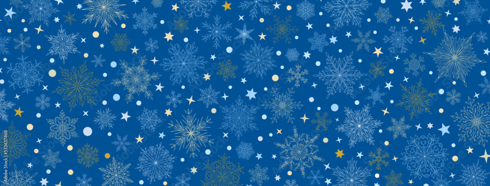 Fototapeta premium Background of complex big and small Christmas snowflakes in blue colors. Winter illustration with falling snow