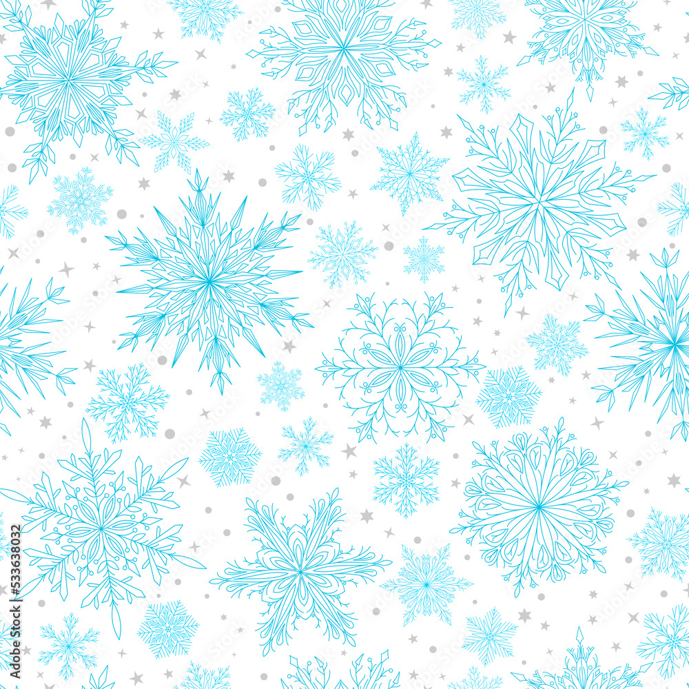 Seamless pattern with complex big and small Christmas snowflakes in light blue colors. Winter background with falling snow Seamless pattern with complex big and small Christmas snowflakes in light blue colors. Winter background with falling snow
