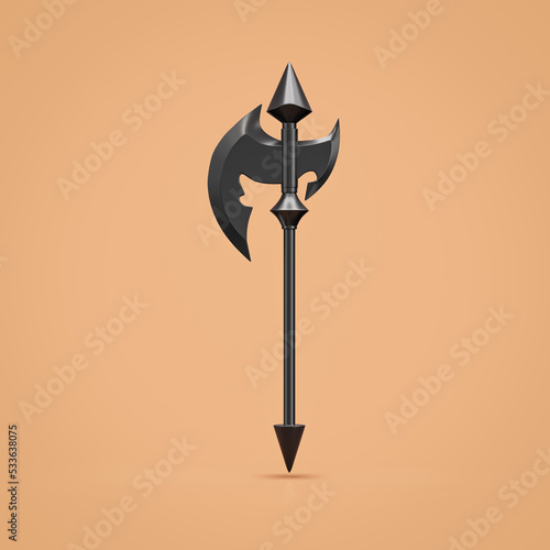 Black medieval battle axe, nordic skyrim battleaxe weapon. Single blade fantasy game ax, asset, warrior item, single hatchet, 3d rendering photo