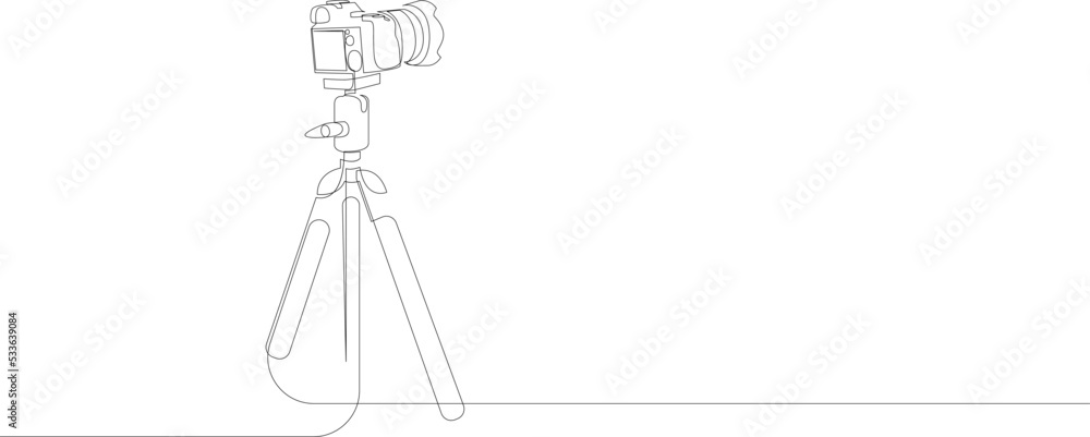 Continuous line drawing of the camera on a tripod. Vector illustration.