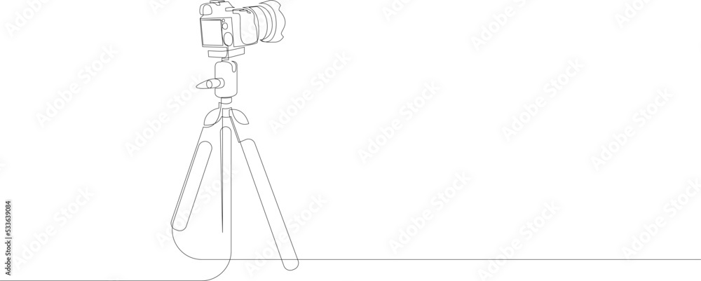 Continuous line drawing of the camera on a tripod. Vector illustration. Continuous line drawing of the camera on a tripod. Vector illustration.