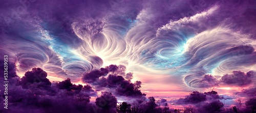 Surreal purple cloudscape of intense bright sunlight glow, dramatic electrifying flame clouds and late afternoon golden hour rainbow fusion of vibrant blue and orange colors. 