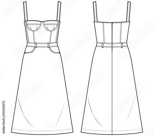Photo womens bodice dress flat sketch vector illustration front and back view technica