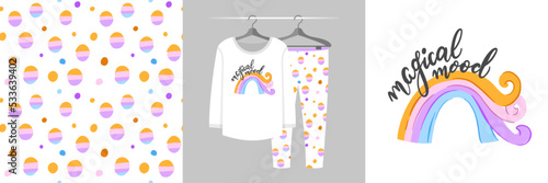 Seamless pattern and illustration set with rainbow, colorful dots and lettering Magical Mood. Aesthetic design pajamas, background for apparel, baby shower invitation, tee prints, fabric, wrapping