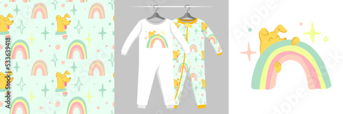 Seamless pattern and illustration set with funny dog hiding behind a rainbow. Baby design pajamas, background for apparel, room decor, tee prints, baby shower, fabric design, wrapping
