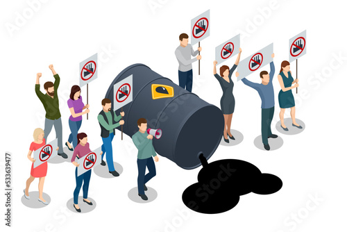 Isometric People with Banners Save Planet Strike Protest Against Environmental Pollution by Oil and Gasoline. Characters Eco Protest.