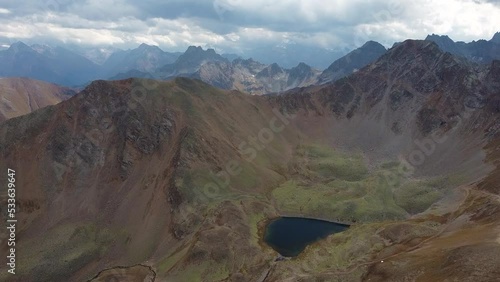 Caucasus mountains with lakes in summer from the height of the drone