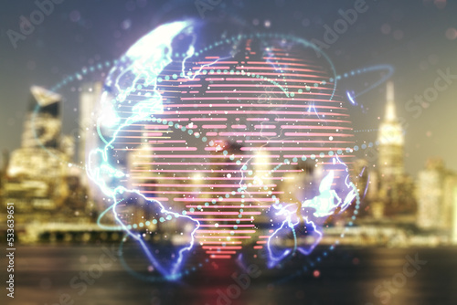 Double exposure of abstract digital world map hologram with connections on blurry office buildings background, big data and blockchain concept