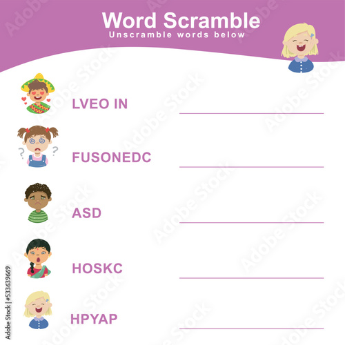 word scramble worksheet for toddlers. Printable feelings edition worksheet. vector file. kawaii illustration