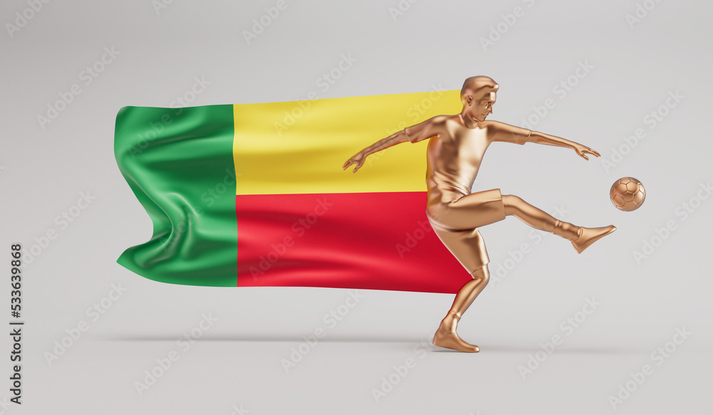 Golden soccer football player kicking a ball with benin waving flag. 3D Rendering