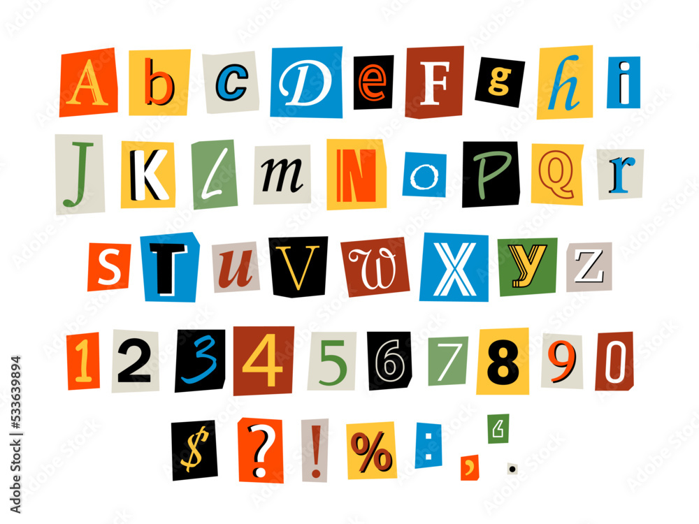 Vector ransom font. Letters, numbers and punctuation marks cut-outs from newspaper or magazine. Criminal alphabet. Ransom colorful text.