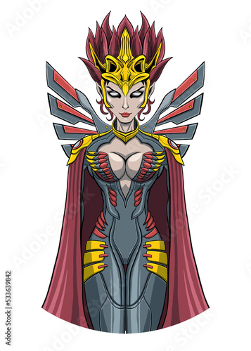 futuristic goddess with golden crown and wings