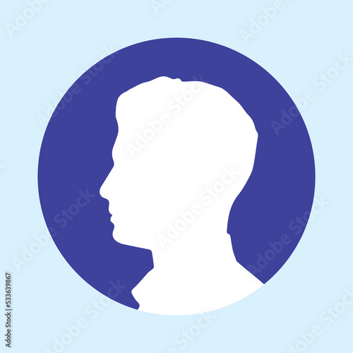 The silhouette avatar profile of a man looks aside. Head icon