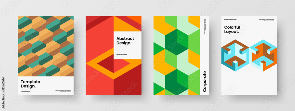Unique geometric hexagons corporate identity layout composition. Clean flyer A4 vector design illustration set.