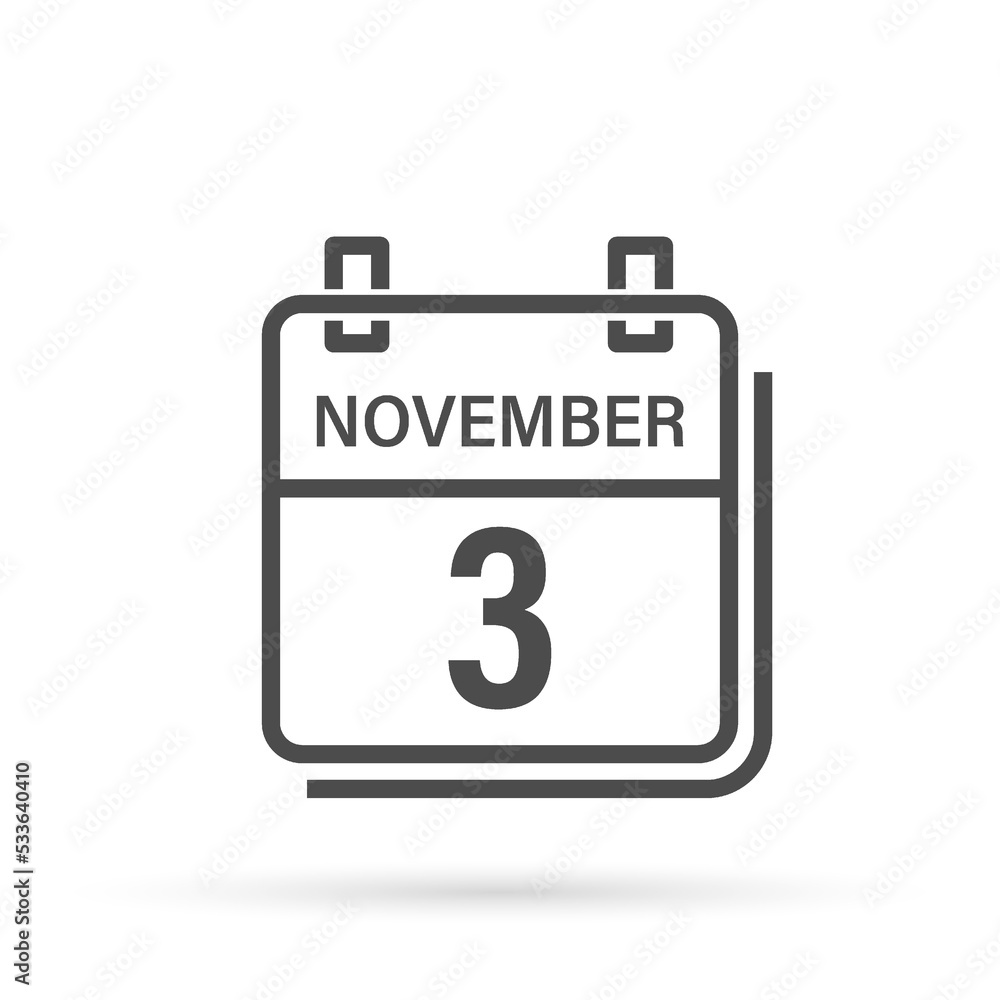November 3, Calendar icon with shadow. Day, month. Flat vector illustration. November 3, Calendar icon with shadow. Day, month. Flat vector illustration.