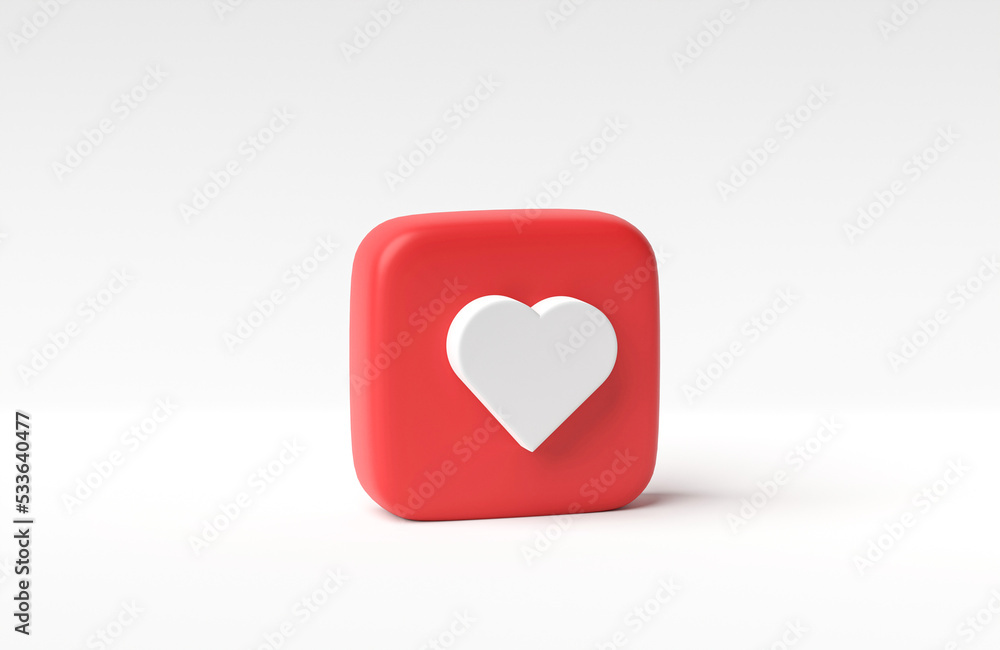 White love heart in red square button isolated on white background. 3D rendering, 3D illustration. White love heart in red square button isolated on white background. 3D rendering, 3D illustration.
