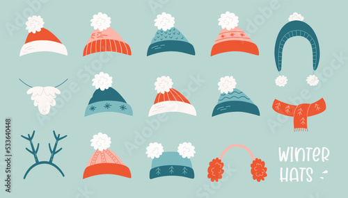 Vector illustration of winter headwear collection for cold weather. Warm seasonal hats and scarf, earmuffs, santa beard and hat in Christmas style isolated on blue background in flat style