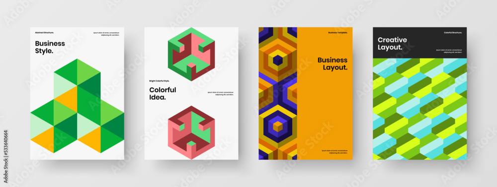 Unique geometric tiles leaflet concept bundle. Abstract corporate cover A4 design vector illustration collection.