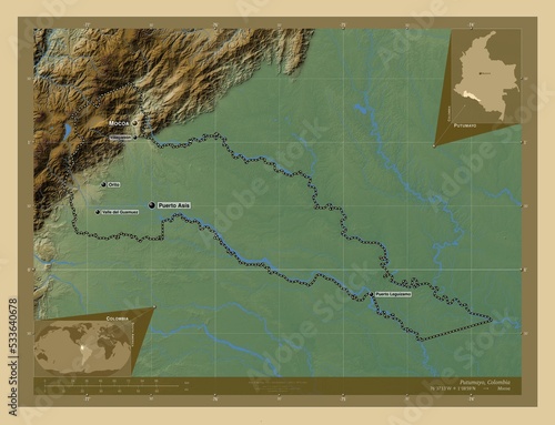 Putumayo, Colombia. Physical. Labelled points of cities photo