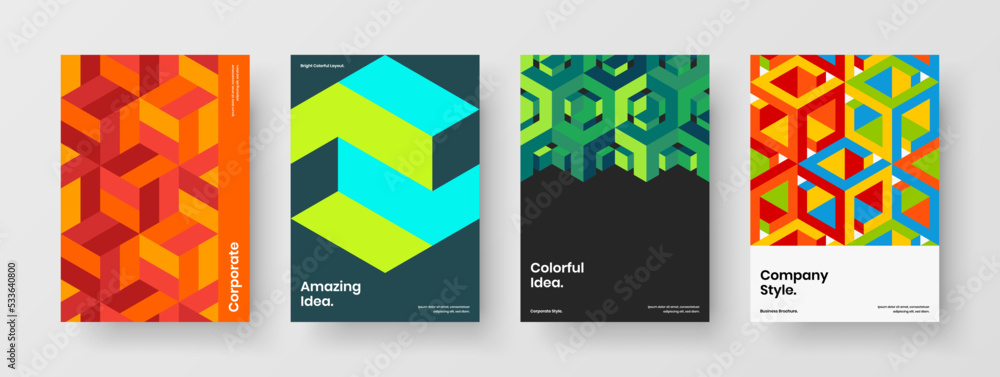 Colorful catalog cover design vector concept set. Original geometric shapes handbill illustration composition.