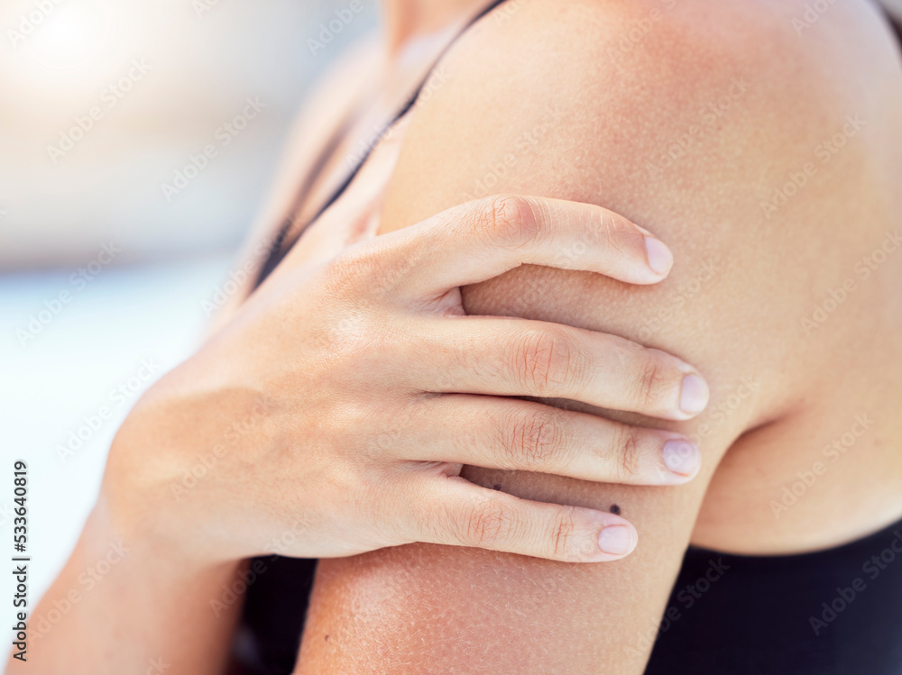 Arm injury, shoulder pain and muscle problem of woman, sports and athlete training, workout and exercise. Closeup person hands, physical therapy for body fracture accident and emergency health risk Arm injury, shoulder pain and muscle problem of woman, sports and athlete training, workout and exercise. Closeup person hands, physical therapy for body fracture accident and emergency health risk