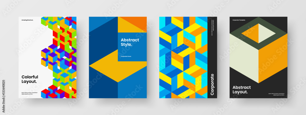 Isolated front page A4 vector design concept bundle. Simple geometric hexagons banner layout collection.