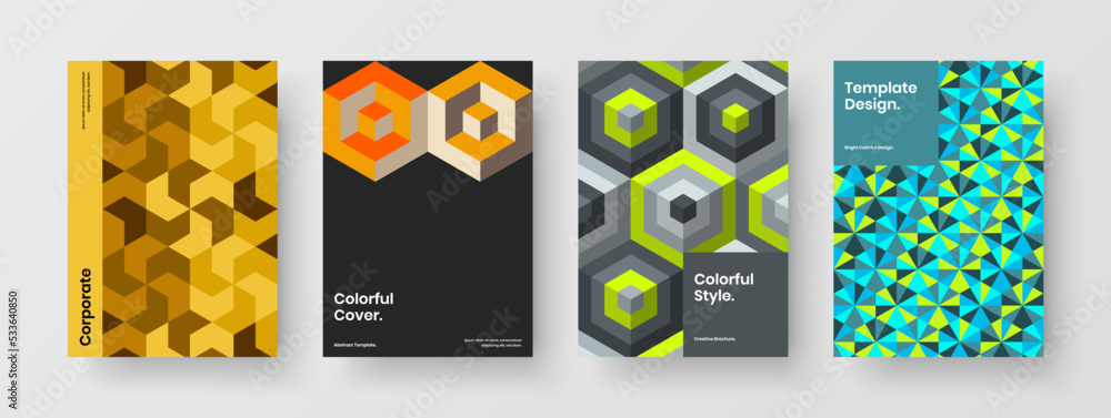 Colorful leaflet A4 vector design illustration collection. Modern geometric shapes brochure template composition.