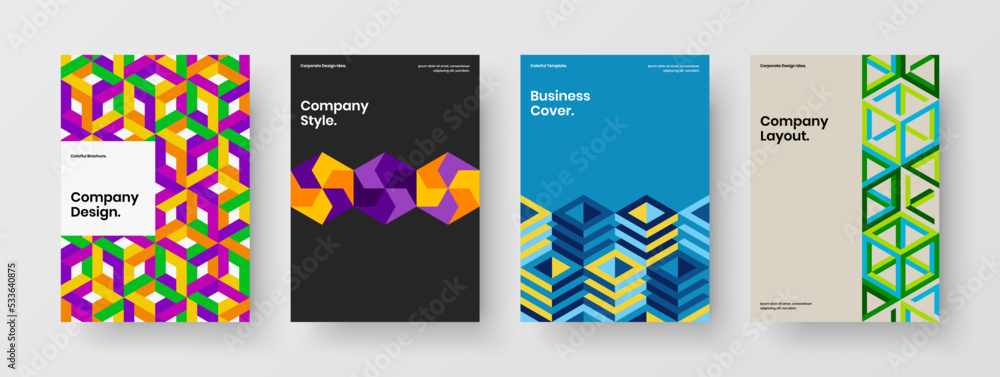 Minimalistic corporate identity A4 vector design illustration bundle. Vivid geometric tiles annual report layout composition.