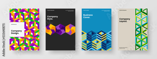 Minimalistic corporate identity A4 vector design illustration bundle. Vivid geometric tiles annual report layout composition.