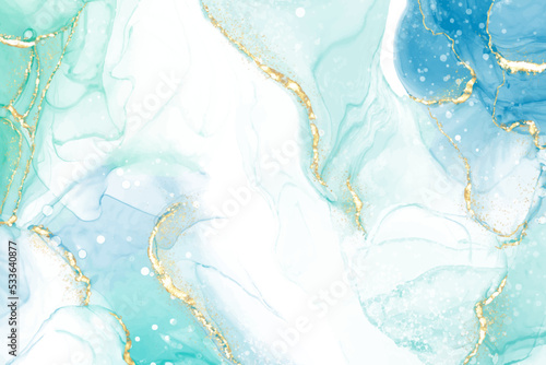 Pastel cyan mint liquid marble watercolor background with gold lines and brush stains. Teal turquoise marbled alcohol ink drawing effect. Vector illustration backdrop, watercolour wedding invitation.