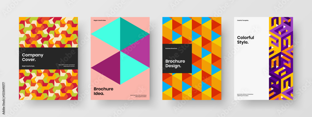 Minimalistic pamphlet A4 design vector illustration set. Original mosaic hexagons corporate cover template bundle.